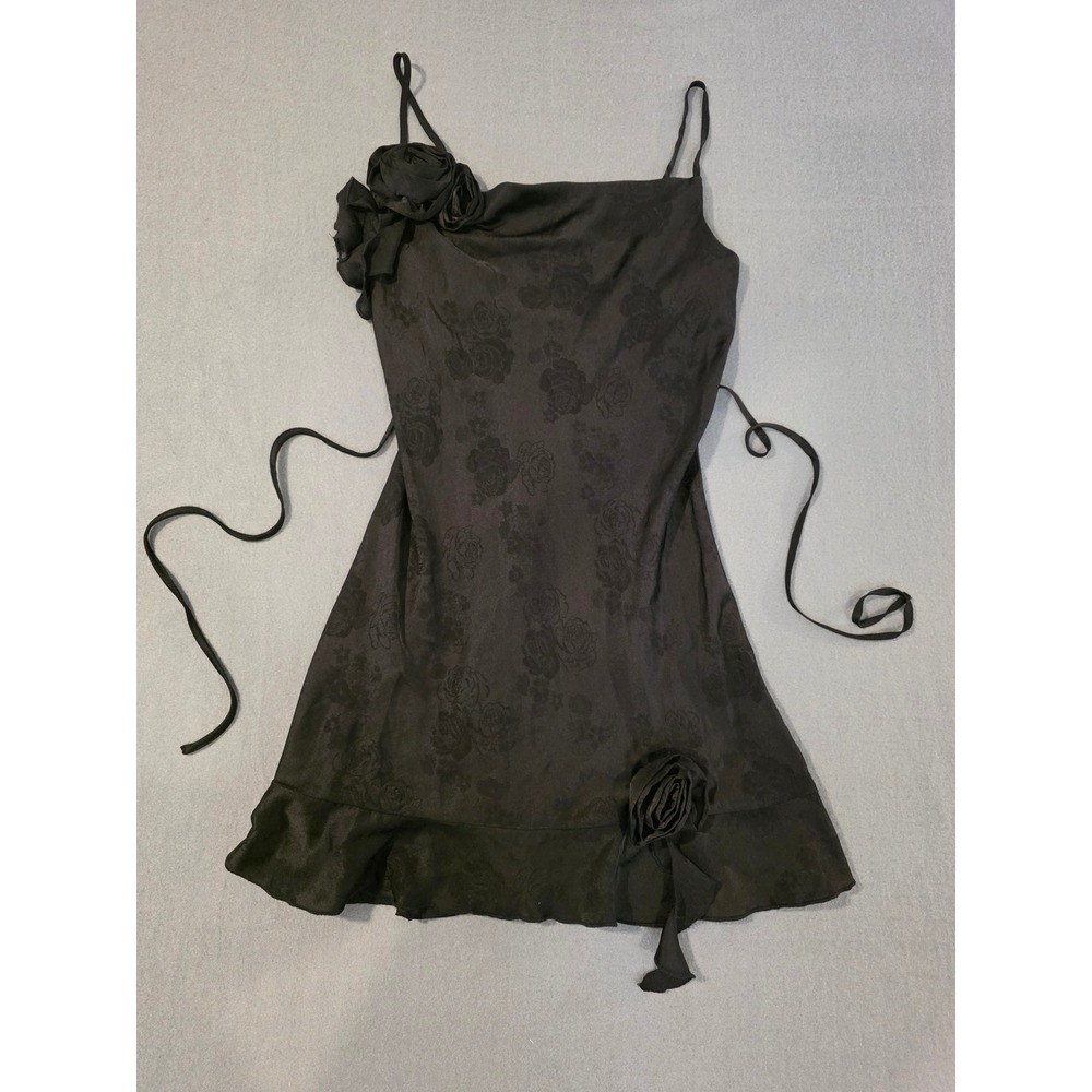 Tinsel Town Black Floral Jacquard Mini Dress Y2K Rosette Tie Strap Romantic Goth